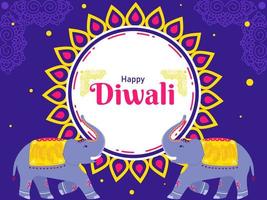 content diwali texte sur mandala Cadre avec deux dessin animé éléphants. vecteur