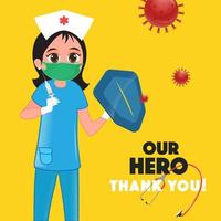 dessin animé personnage de infirmière en portant Sécurité bouclier avec seringue contre combat de coronavirus sur Jaune Contexte et notre héros remercier vous texte. vecteur