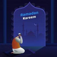 dessin animé musulman homme dans tayammum pose avec mosquée et nuit vue sur bleu Contexte pour Ramadan kareem fête. vecteur