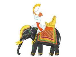 dessin animé homme soufflant tutari klaxon asseoir sur décoratif l'éléphant pour Indien fête. vecteur