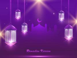 Ramadan kareem affiche conception avec mosquée et pendaison illuminé lanternes sur lumière effet violet Contexte. vecteur