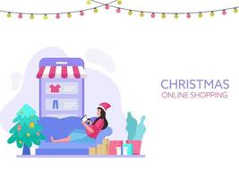 dessin animé femme Faire en ligne achats dans téléphone intelligent avec cadeau des boites, paquets et Noël arbre sur le occasion de joyeux Noël. vecteur