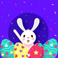 dessin animé lapin avec imprimé des œufs et confettis décoré sur violet Contexte. vecteur