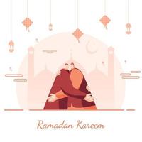 dessin animé musulman Hommes étreindre chaque autre avec silhouette de mosquée, pendaison lanternes et ketupat sur blanc Contexte pour Ramadan kareem fête. vecteur