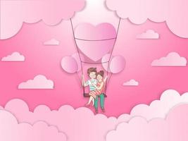 rose papier Couper nuageux Contexte avec mignonne aimant couple séance sur cœur balançoire décoré des ballons. vecteur