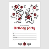 chaton invite anniversaire chat avec fleurs dessin animé texte bannière vecteur