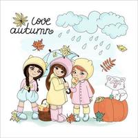 l'amour l'automne pluie fille saison dessin animé vecteur illustration ensemble