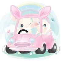 lapin mignon conduisant une illustration de voiture vecteur