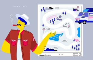 Cool Adventurer Man Start Journey avec orientation de la carte routière Vector Illustration plate