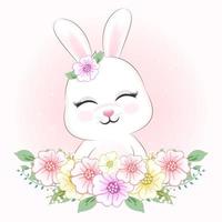 mignon petit lapin et fleurs vecteur