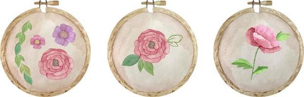 aquarelle ensemble de Trois en bois broderie Cadre Toile avec rose fleurs et vert feuilles vecteur