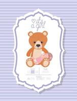 c'est une carte de douche de bébé fille avec enfant et ours en peluche vecteur
