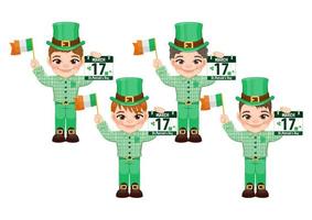 st. patrick s journée avec garçons dans irlandais déguisements. garçon en portant irlandais drapeau et calendrier dessin animé personnage conception vecteur
