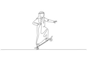 dessin de arabe homme d'affaire supporter et en mouvement avec planche à roulette. métaphore pour affaires style. continu ligne art style vecteur