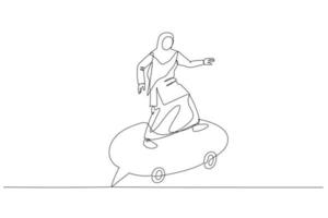 dessin animé de musulman femme équitation discours bulle patin en utilisant mégaphone. métaphore pour communication. Célibataire ligne art style vecteur