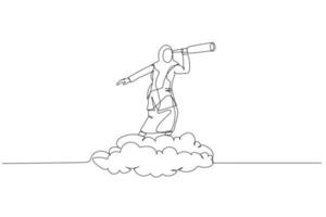 dessin de musulman femme équitation nuage tandis que en utilisant télescope. métaphore pour affaires avenir. Célibataire ligne art style vecteur