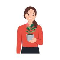 Jeune femme dans confortable pièce détient pot avec une plante dans sa mains. concept de croissance et soins maison les plantes. jardinier prend se soucier de le Accueil jardin vecteur