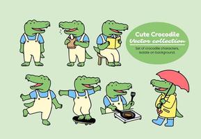 ensemble de mignonne crocodile dessin animé personnage, retour à école concept. isolé sur blanc arrière-plan, vecteur illustration.