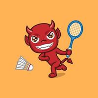 mignonne dessin animé diable en jouant badminton vecteur