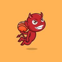 mignonne dessin animé diable en jouant basketball vecteur