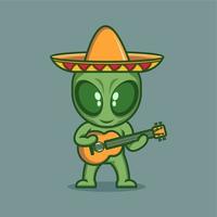 marrant dessin animé extraterrestre avec mexicain guitare vecteur