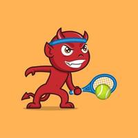 mignonne dessin animé diable en jouant tennis vecteur