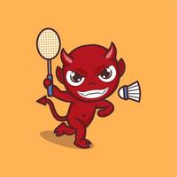 mignonne dessin animé diable en jouant badminton vecteur