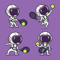 mignonne dessin animé astronaute en jouant tennis vecteur