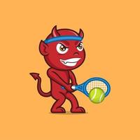 mignonne dessin animé diable en jouant tennis vecteur