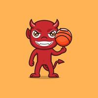 mignonne dessin animé diable en jouant basketball vecteur