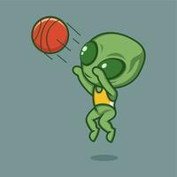 mignonne dessin animé extraterrestre en jouant basketball vecteur