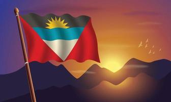 antigua et Barbuda drapeau avec montagnes et le coucher du soleil dans le Contexte vecteur