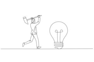 dessin animé de homme d'affaire avec marteau essayer à Pause lampe. concept de idée génération. un ligne art style vecteur