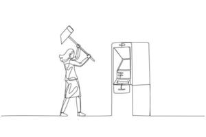 dessin animé de femme d'affaires avec marteau essayer à fracasser au m machine. concept de illégal revenus. Célibataire ligne art style vecteur
