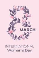 main dessin aquarelle illustration de Mars 8e. international aux femmes jour, huit. fleurs nombre. abstrait rose et violet aquarelle salutation carte vecteur