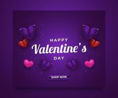 bannière de vente de la Saint-Valentin ou une affiche avec des coeurs colorés 3d répartis sur fond violet pour la publicité ou la promotion vecteur