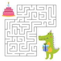 Labyrinthe Jeu pour enfants. amusement crocodile à la recherche pour une façon à le gâteau. mignonne animal avec gâteau. imprimable feuille de travail. vecteur dessin animé illustration pour anniversaire.