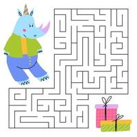 Labyrinthe Jeu pour enfants. amusement rhinocéros à la recherche pour une façon à le cadeau boîte. mignonne rhinocéros. imprimable feuille de travail. vecteur dessin animé illustration pour anniversaire.