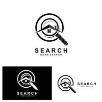 création de logo de recherche, illustration de détective, recherche de domicile, lentille en verre, vecteur de marque d'entreprise