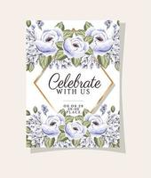 invitation de mariage avec cadre en or rose fleurs et feuilles vector design