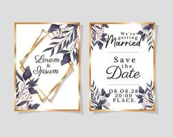 deux invitations de mariage avec des cadres en or fleurs et feuilles vector design