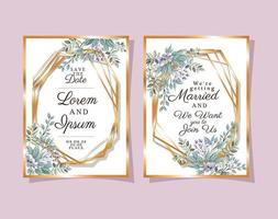 deux invitations de mariage avec des cadres en or fleurs violettes et feuilles vector design