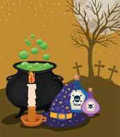 bougie d'halloween, poison, chaudron de sorcière et chapeau devant la conception de vecteur de cimetière