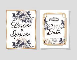 deux invitations de mariage avec des cadres en or fleurs et feuilles vector design