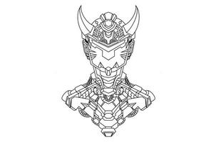 main dessin illustration de noir blanc cornu crâne tête oni samouraï graphique avec mécanique robot corps vecteur