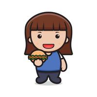 personnage de dessin animé de jolie fille tenant un hamburger vecteur