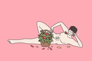 sexy Jeune caucasien homme mensonge avec fleur dans bouche, salutation félicitations avec Valentin journée. nu Masculin modèle avec floral bouquet féliciter femmes. plat vecteur illustration, dessin animé personnage.