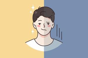 négatif et positif émotions concept. visage de Jeune homme avec côtés de positif sourire et en colère déception expression vecteur illustration