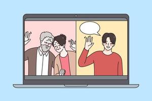 portable écran avec souriant Jeune gars parler sur vidéo appel avec personnes âgées Parents vague salutation. content mature mère et père avoir webcam numérique la communication avec fils sur ordinateur. vecteur illustration.