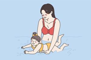 apprentissage à nager et content parentalité concept. souriant Jeune femme mère dans maillots de bain permanent en portant enseignement petit fille à nager vecteur illustration